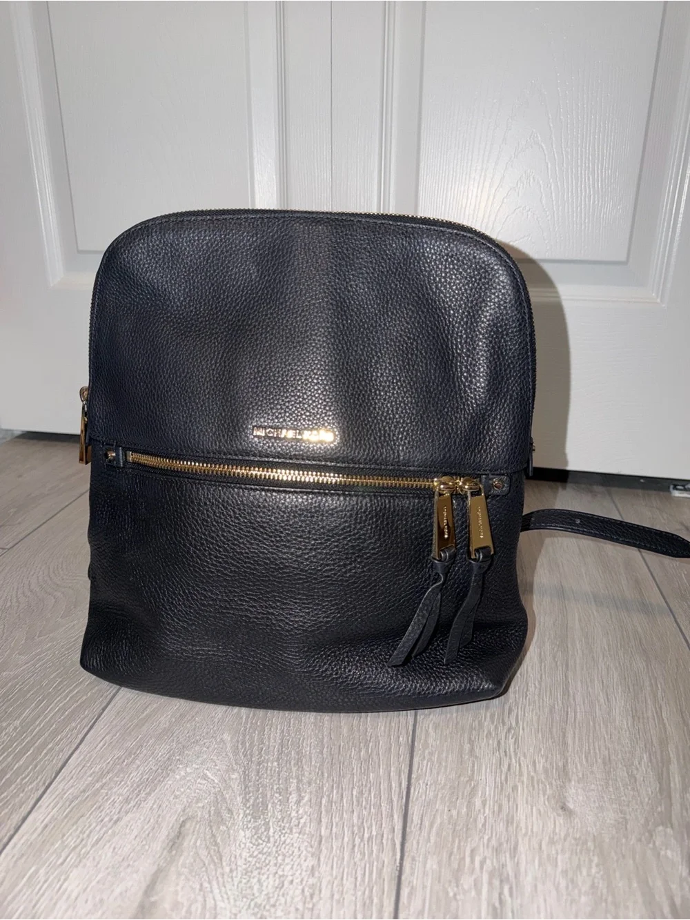 Michael Kors Black Pebbled Leather Backpack with Gold Accents